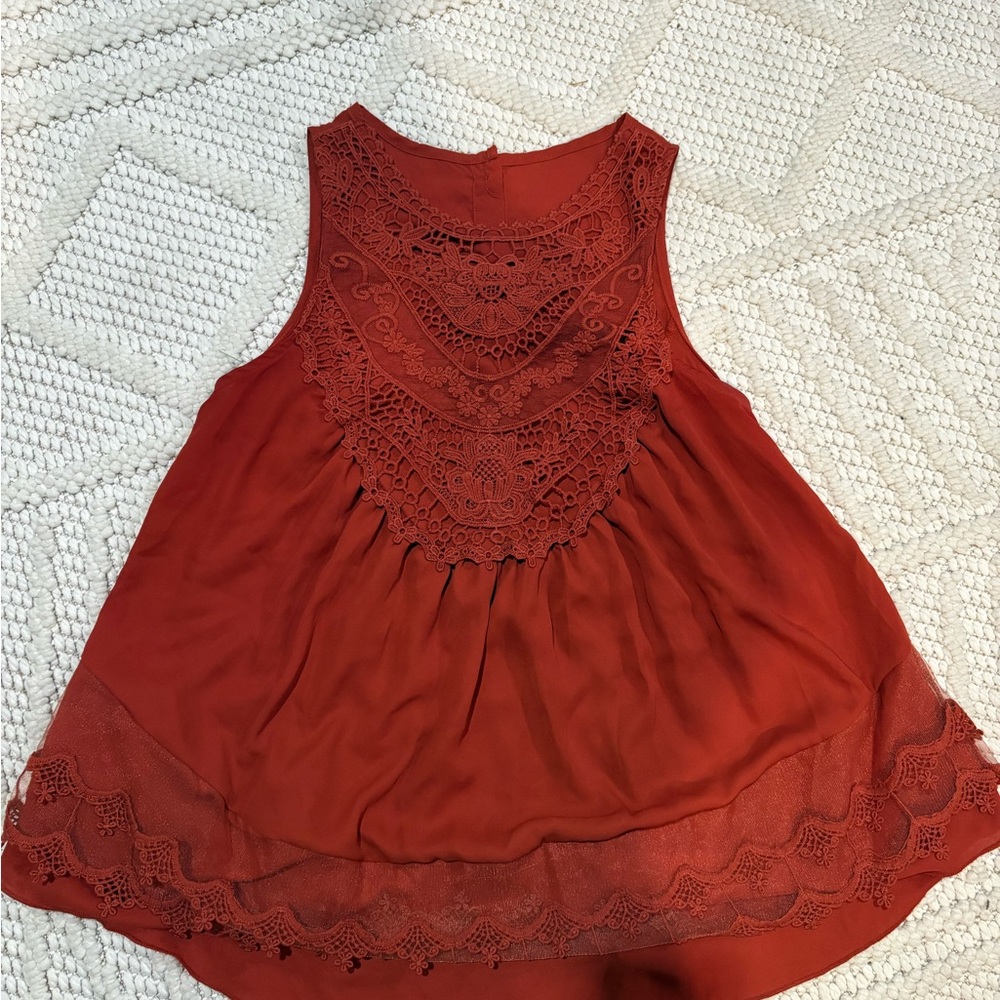 Sleeveless Lace Overlay Top in Rust